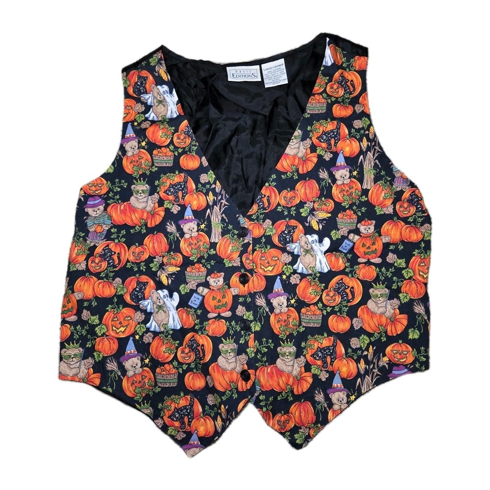 Basic Editions Halloween Pumpkin Bear Cat Ghost Button Front Vest Size Large VTG